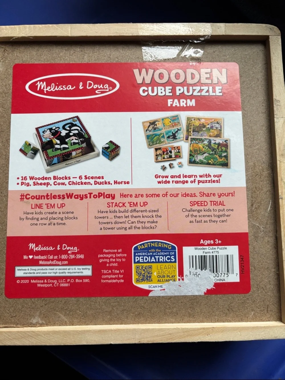 Melissa & Doug Wooden Cube Puzzle Blocks w/wooden tray Farm Animals colorful